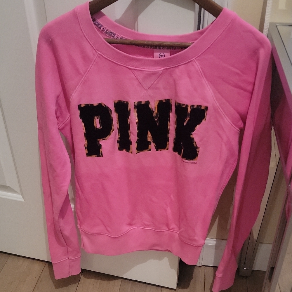 Victoria's Secret Pink Crew Neck Sweatshirt. Hot Pink W/ Leapord Outline. Small.